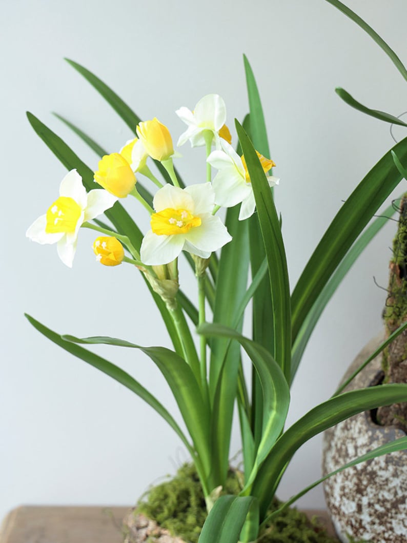 Daffodil Flower Stem with Leaves, Silk Narcissus Plant, Artificial Flower Craft, Home Floral Decor, Wedding Arrangement, Table Centerpiece image 3