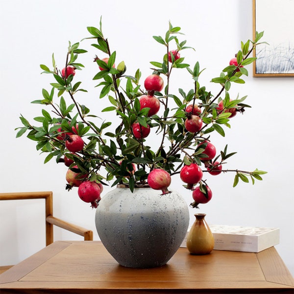 Artificial Pomegranate Branch Fake Fruit Stem with Rich Foliage Home Lucky Plant Decor Wedding Floral Arrangement Floor Vase Ornament Pick