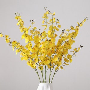 Puede incluir: Un ramo de flores de orquídea amarillas en un jarrón blanco. Las flores están dispuestas en un estilo suelto y natural.