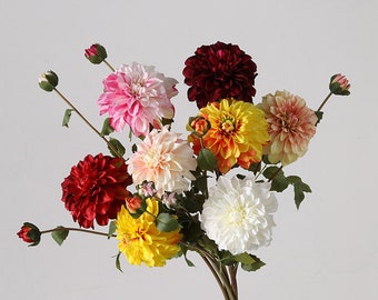 Faux Dahlia Stem with Buds, Artificial Dahlia Flower, Home Floral Decor, Wedding Party Arrangement, Table Centerpiece, for Bridal Bouquet