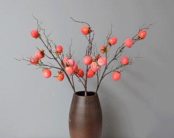 Artificial Persimmon Branch, Fake Fruit Craft, Autumn Rustic Wild Fruit Ornament, Home Floral Decor, Party Arrangement, Floor Vase Filler