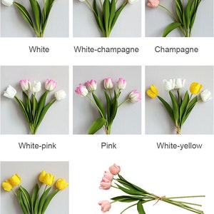 May include: A set of nine artificial tulip bouquets in various colors, including white, champagne, white-pink, pink, white-yellow, and yellow. Each bouquet contains five tulips and is tied with twine. The text "This is one bunch" is displayed below the bottom right bouquet.