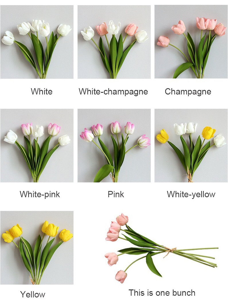 May include: A set of nine artificial tulip bouquets in various colors, including white, champagne, white-pink, pink, white-yellow, and yellow. Each bouquet contains five tulips and is tied with twine. The text "This is one bunch" is displayed below the bottom right bouquet.