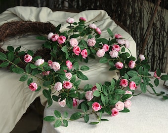 Fake Rose Vine with Rich Foliage Artificial Flower Cane and Bud Wall Hanging Trailing Plant Wrap Arrangement Wedding Garland Arch Material