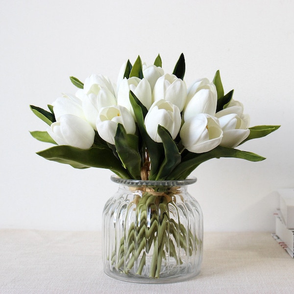 Bouquet de tulipes artificielles avec feuillage, faux bouquet de fleurs, fête de mariage floral, pétale de touche réelle, arrangement de salon, décor de pulvérisation de salon