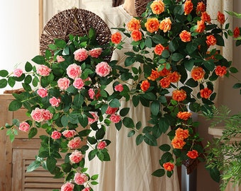 Rose Flower Wall Hanging with Rich Leaves, Fake Rose Stem, Artificial Flower, Silk Rose Flower, Home Floral Decor, Wedding Arrangement, Gift