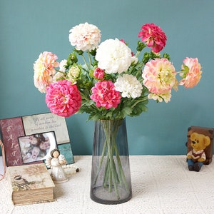 Dahlia Spray and Bud Artificial Chrysanthemum with Leaf Wedding Party Flower Decor Home Floral Arrangement Table Centerpiece for Outdoor