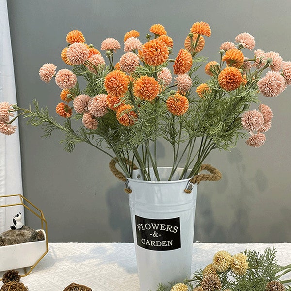 Artificial Pompon Mum Stem, Realistic Chrysanthemum with Foliage, Dandelion Flower Decor, Living Room Floral, Wedding Bouquet Arrangement