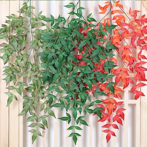 May include: Two strands of artificial greenery, one green and one red, hanging against a wooden background. The greenery is made of plastic leaves and stems.