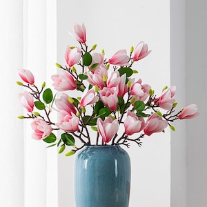 Budding Magnolia Flower Stem with Leaves, Fake Magnolia Buds, Artificial Flowers, Home Floral Decor, Wedding Party Arrangement Centerpiece