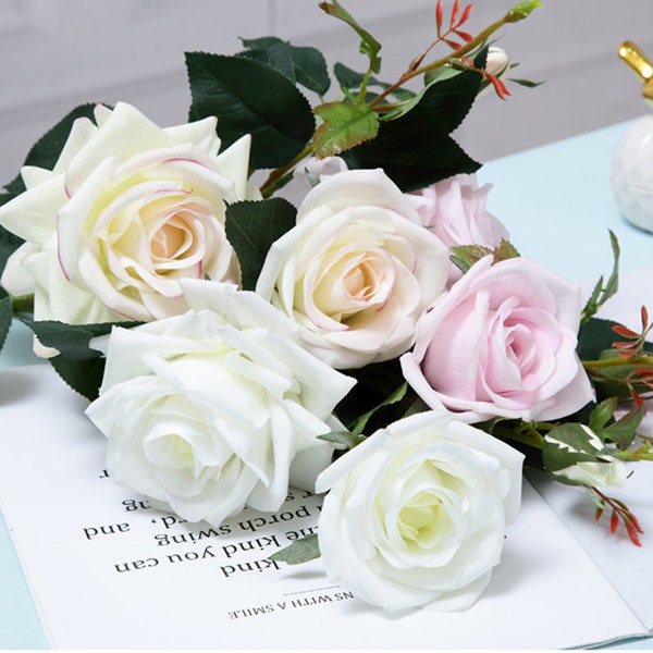 25.59" Real Touch Rose Stem with Small Bud Artificial Moist Latex Flower and Foliage Quality Floral to Wedding Decoration Pick for Outdoor