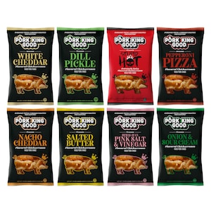 May include: An assortment of eight bags of Pork King Good flavored chicharrones. Flavors include White Cheddar, Dill Pickle, Stupid Hot, Pepperoni Pizza, Nacho Cheddar, Salted Butter, Himalayan Pink Salt & Vinegar, and Onion & Sour Cream.