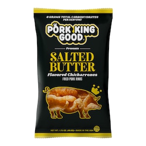 May include: A black bag of Pork King Good Salted Butter flavored chicharrones. The bag features the brand's logo, the words "SALTED BUTTER" in large yellow letters, and a graphic of a pig. The bag contains 1.75 oz (49.5g) of product.