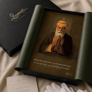 May include: A fine art print featuring a portrait of a bearded person wearing a yellow turban with hands in a prayer position. The print includes the text, We come into nothing, we go into nothing, just one dance. It is presented in a black box with a certificate.