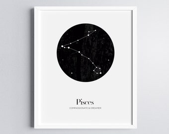 Pisces Star Constellation Print Digital Download, Black and White