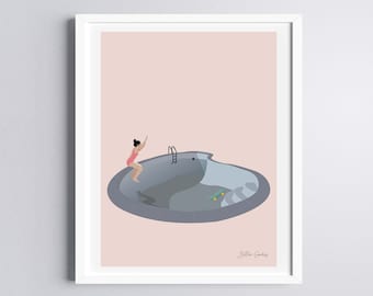 Leap of Faith Art Print, Girl Jumping into Swimming Pool Art Print
