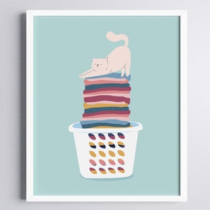 Cat Laundry Art, Instant Download Art Print, Pastel Colors Art Print