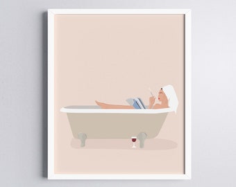 Time to Relax Art Print, Woman read book in bath tub