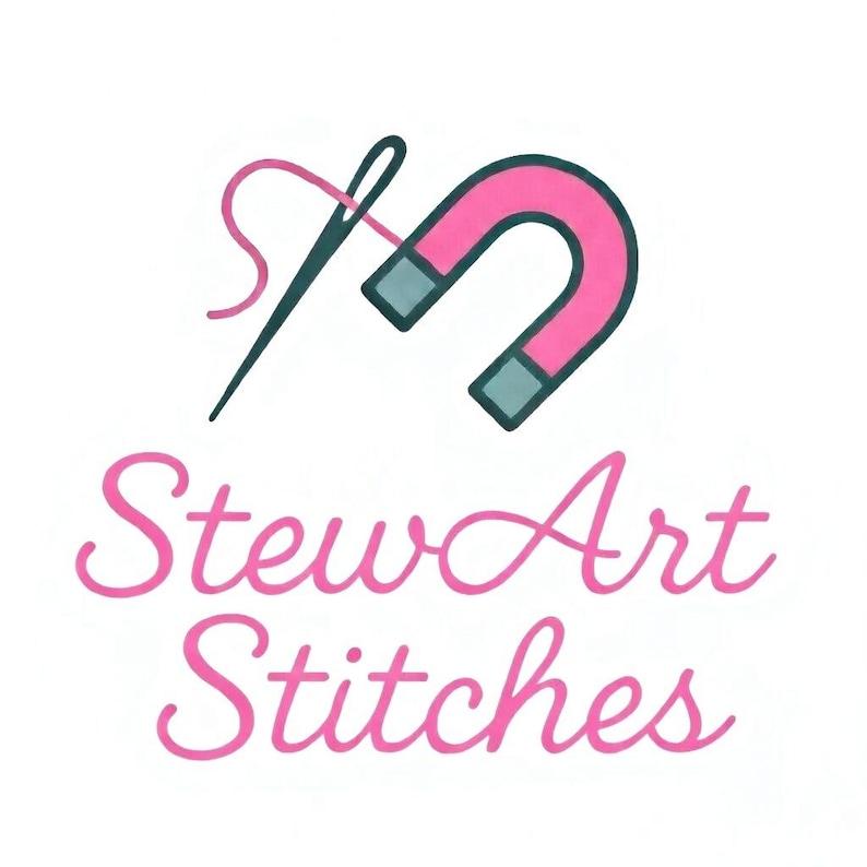 May include: Logo for "StewArt Stitches" featuring a pink horseshoe magnet with gray ends, a needle with pink thread, and the business name in pink script. The design is on a white background, suggesting a craft or sewing business.