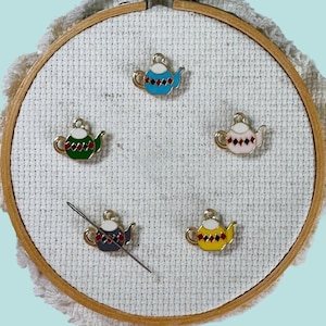 Set of 5 Teapots Enamel Needle Minders,  Magnetic Needle Nannys