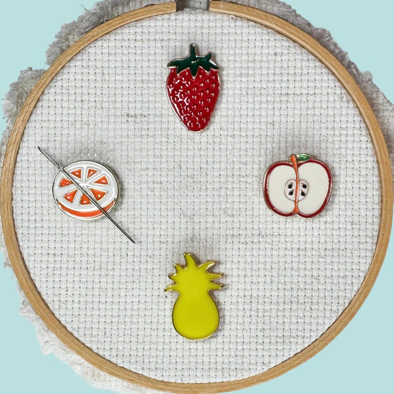 Magnetic fruit enamel needle minder for cross stitch, embroidery, needlepoint and sewing – cute fruit needle holder, strong needle magnet.