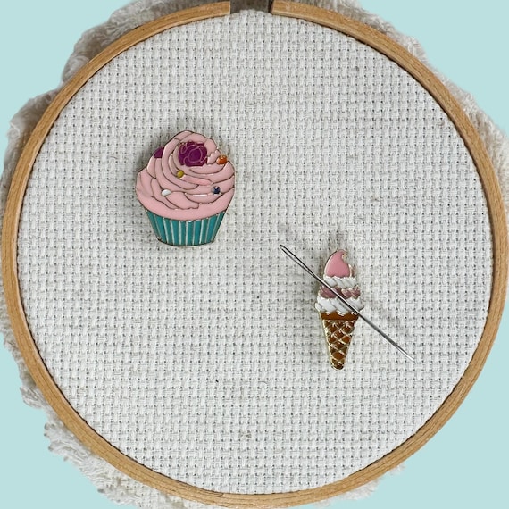Cupcake and Ice Cream Cone Enamel Needle Minder, Dessert  Fridge Magnet