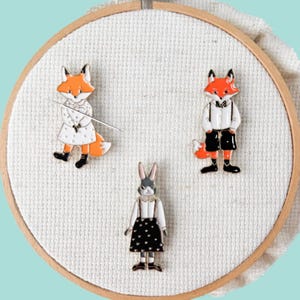 Fox or Bunny Rabbit Enamel Needle Minder, Fridge Magnet, Magnetic Lapel Pin, Needle Nanny, Cross Stitch Needle Magnet, Embroidery Magnet