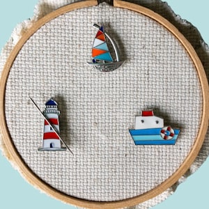 Lighthouse and Boat Needle Minder, Fridge Magnet, Magnetic Lapel Pin, Enamel Needle Nanny, Cross Stitch Magnet, Embroidery Magnet
