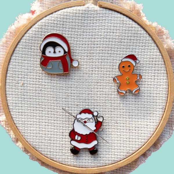 Penguin, Gingerbread Man or Santa Enamel Needle Minder, Refrigerator Magnet, Cross Stitch Needle Holder, Needlepoint Accessory