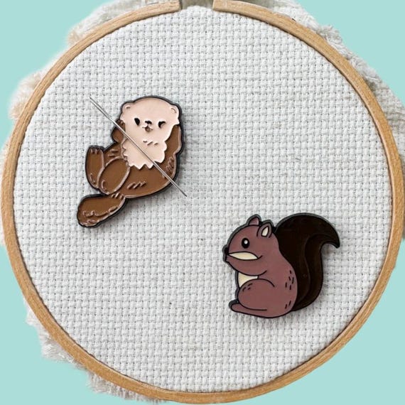 Otter and Squirrel  Enamel Needle Minders, Fun Fridge Magnet, Magnetic Lapel Pin