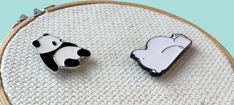 Panda bear and polar bear magnetic needle minder set – adorable enamel accessories for cross stitch, embroidery, and needlepoint – cute animal themed stitching gift for bear lovers.