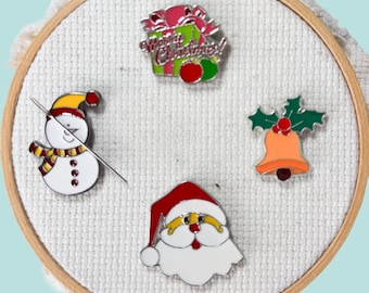 Christmas Enamel Needle Minders, Santa,  Christmas Gift, Snowman or Bell Needleminders