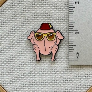 Cool turkey magnetic needle minder with sunglasses and fez – funny enamel accessory for cross stitch, embroidery, and needlepoint – quirky Thanksgiving stitching gift.