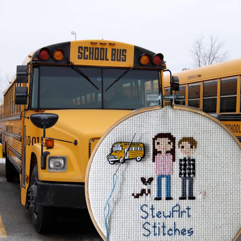 Yellow school bus magnetic enamel needle minder. Cute enamel accessory for cross stitch, embroidery, knitting, crocheting, sewing and needlepoint.