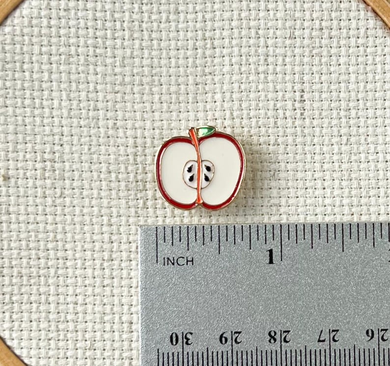 Magnetic apple enamel needle minder for cross stitch, embroidery, needlepoint and sewing – cute fruit needle holder, strong needle magnet.
