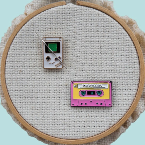 Cassette Tape and Video Game Enamel Needle Minder, Retro Fridge Magnet, Magnetic Lapel Pin, Needle Nanny, Cross Stitch Needle Magnet