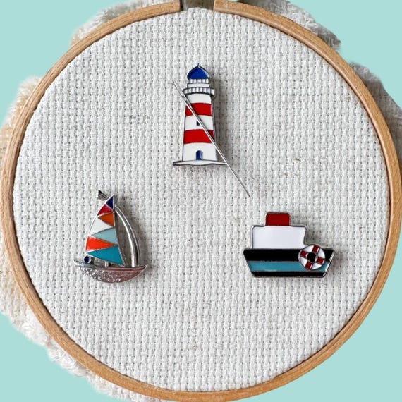 Coastal Enamel Needle Minder, Nautical Cross Stitch Embroidery Magnet
