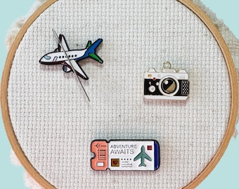 Airplane, Ticket and Camera Enamel Needle Minders, Travel Magnetic Pins, Vacation Needle Nanny
