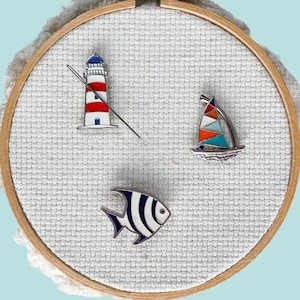 Coastal magnetic enamel needle minders – coastal themed needle holder for cross stitch, embroidery, sewing, quilting, or needlepoint. Great gift for nautical or beach lovers.