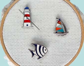 Coastal Enamel Needle Minder, Lighthouse, Sail Boat and Fish Needle Magnet