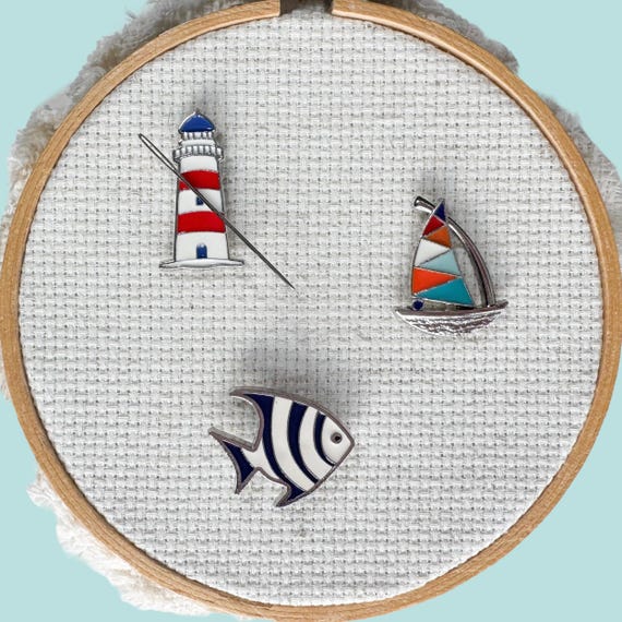 Coastal Enamel Needle Minder, Lighthouse, Sail Boat and Fish Needle Magnet