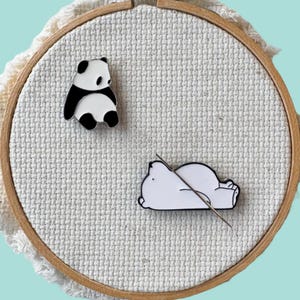 Panda bear and polar bear magnetic needle minder set – adorable enamel accessories for cross stitch, embroidery, and needlepoint – cute animal themed stitching gift for bear lovers.