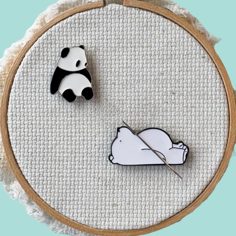 Panda bear and polar bear magnetic needle minder set – adorable enamel accessories for cross stitch, embroidery, and needlepoint – cute animal themed stitching gift for bear lovers.