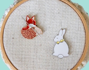 Fox and Bunny Enamel Needle Minder: Magnetic Cross Stitch Nanny