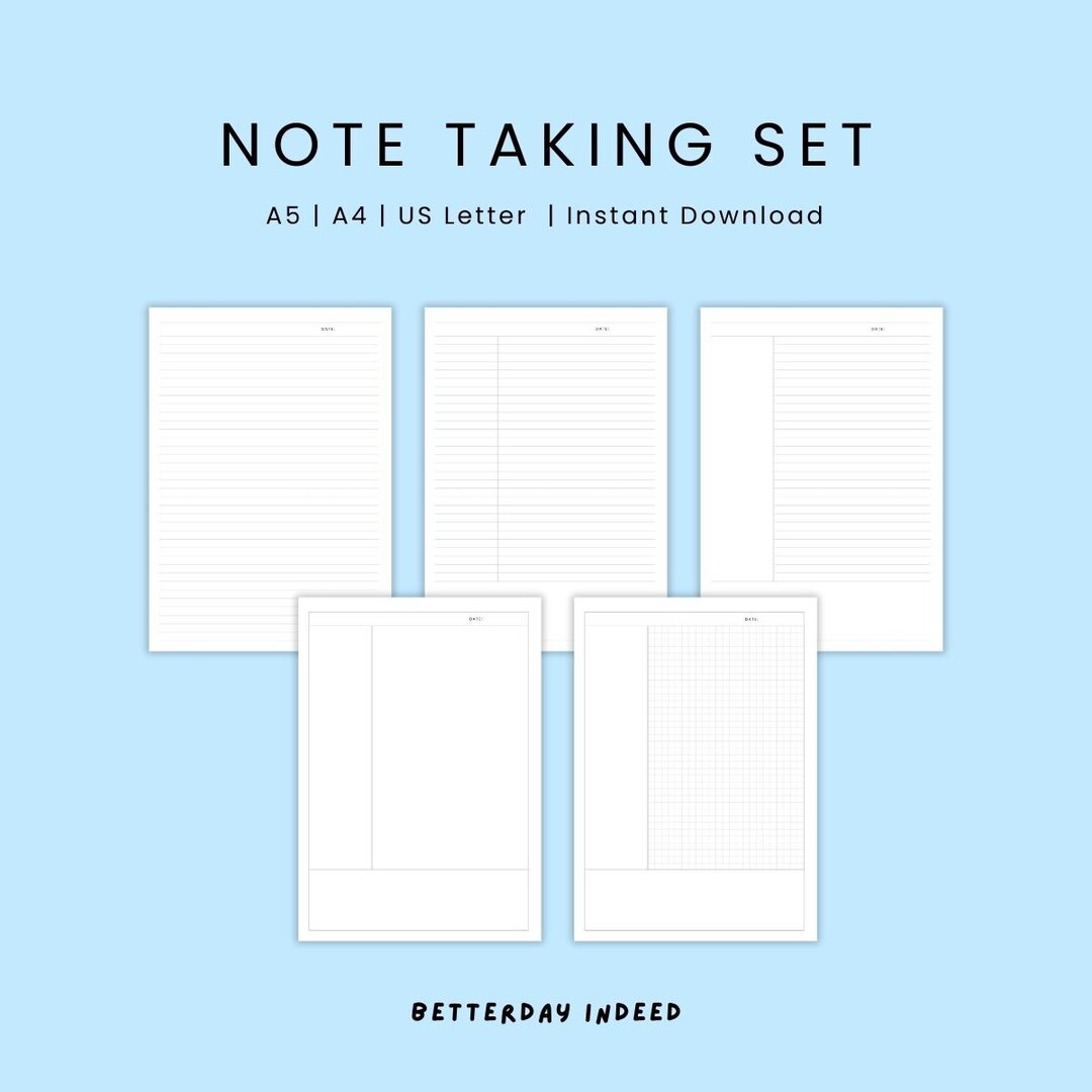 Note Taking Set | Cornell Notes Printable A4 A5 Letter | Lined Blank ...