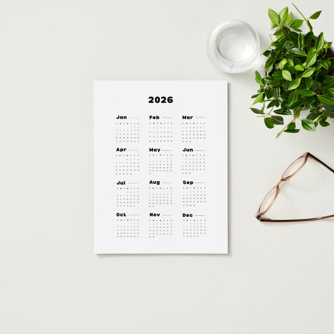 2026 Year at a Glance Calendar Printable Minimalist 12 Month PDF Sunday ...