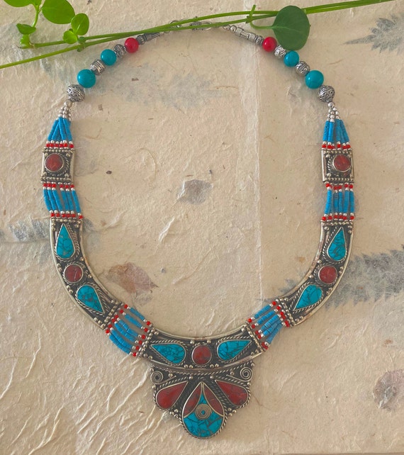 Collier Long Ethnique En Perles D'argent Sterling 925, Corail, Ambre Et Turquoise Naturelle - 18 Pouces, Neuf