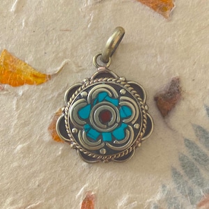 Nepalese Pendant | Floral Pendant | Silver Pendant | Turquoise & Coral Pendant