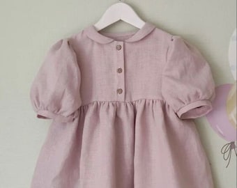 Linen Girls Dress, Linen Peter Pan Collar Dress, Natural Girls Soft Linen Dress, Summer Linen Dress For Baby Girls, Toddler Linen Dress