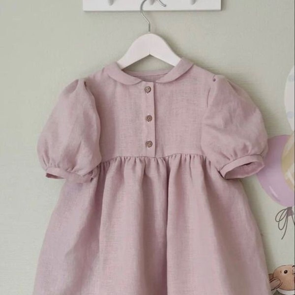 Robe de filles en lin, robe col claudine en lin, robe en lin doux pour filles naturelles, robe en lin d'été pour les bébés filles, robe en lin pour tout-petits